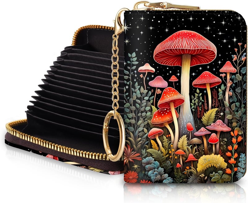 Blusabaca RFID Credit Card Holder Wallets for Women, Small Card Case Wallet with Keychain and Zipper, Mushrooms Leather Card Holder Pocket Business Card Accordion Wallet - Image 1